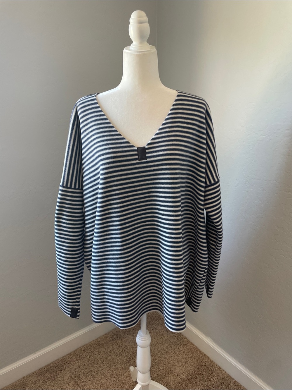 Henriette Steffensen Copenhagen Blue White Striped Fleece V Neck Sweater Medium